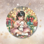Little Vintage Girl in Pink with Kitten Christmas Classic Round Sticker<br><div class="desc">Pretty Christmas vintage stickers. A watercolor illustration of a vintage little girl playing with a little white kitten on Christmas morning. Lots of pretty pink elements.</div>