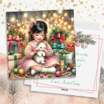Little Vintage Girl in Pink with Kitten Christmas Holiday Card<br><div class="desc">Pretty Christmas vintage personalised card. A watercolor illustration of a vintage little girl playing with a little white kitten on Christmas morning. Lots of pretty pink elements.</div>