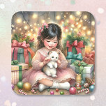 Little Vintage Girl in Pink with Kitten Christmas Square Sticker<br><div class="desc">Pretty Christmas vintage stickers. A watercolor illustration of a vintage little girl playing with a little white kitten on Christmas morning. Lots of pretty pink elements.</div>