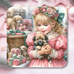 Little Vintage Girl in Pink with Puppies Christmas Square Sticker<br><div class="desc">Pretty Christmas stickers. A watercolor illustration of a vintage little girl playing with three little puppies on Christmas morning. Lots of pretty pink elements.</div>