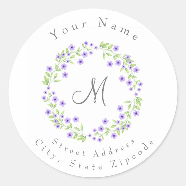 'Little Violet Watercolor Blossoms Wreath' Label (Front)