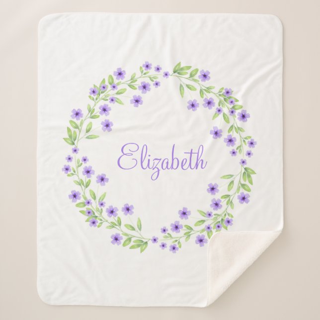 Little Violet Watercolor Blossoms Wreath Sherpa Blanket (Front)