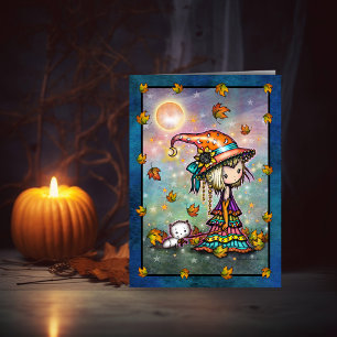 Little Wanderer Witch with White Kitten Card