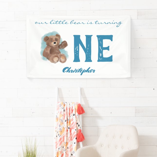 Little Watercolor Bear Cute Animal First Birthdat Banner (Insitu)