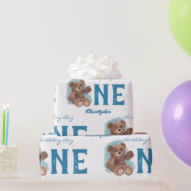 Little Watercolor Bear Cute Animal First Birthday Wrapping Paper (Party Gifts)