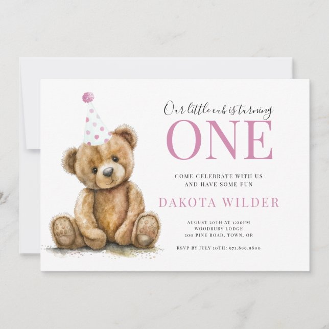 Little Watercolor Teddy Bear Girl 1st Birthday Invitation (Front)