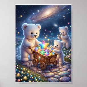 Little White Bears Magical Gift Cart Starry Night Poster