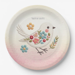 Little White Bird Floral Paper Plate