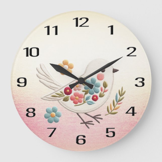Little White Bird Floral Wall Clock (Front)