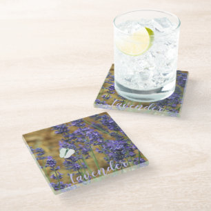 Little White Butterfly on Lavender Floral Glass Coaster