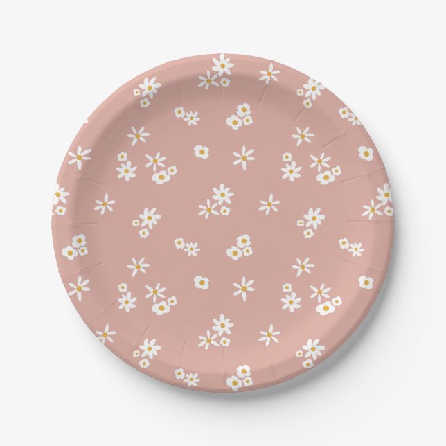 Little White Flowers on pink - seamless pattern. Paper Plate (Front)