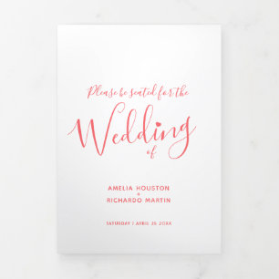 Little white heart script coral white wedding Tri-Fold programme