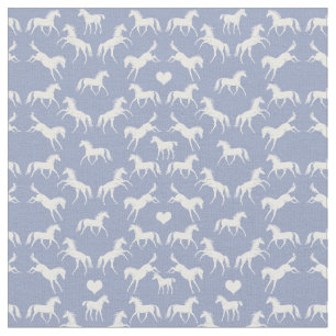Little White Horses Blue Fabric
