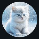 Little White Kitten in Snow Christmas Classic Round Sticker<br><div class="desc">Adorable fluffy white kitten with blue eyes playing outside on a winter day in the snow. Ai generated art.</div>
