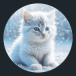 Little White Kitten in Snow Christmas Classic Round Sticker<br><div class="desc">Adorable fluffy white kitten with blue eyes playing outside on a winter day in the snow. Ai generated art.</div>