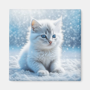 Little White Kitten in Snow Christmas Magnet
