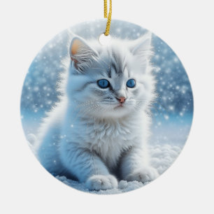 Little White Kitten in Snow Personalised Christmas Ceramic Tree Decoration