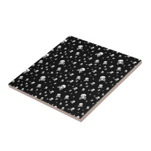Little White Pirate Skulls on Black Background Tile