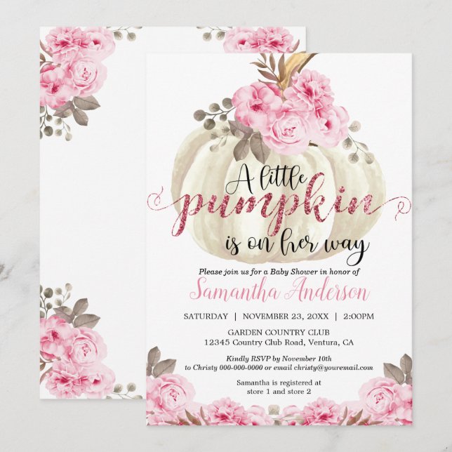 Little White Pumpkin Pink Floral Baby Shower Invitation (Front/Back)
