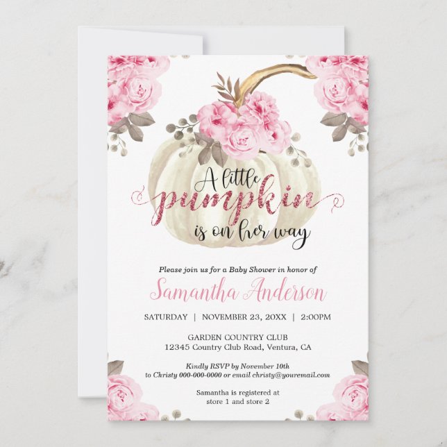 Little White Pumpkin Pink Floral Girl Baby Shower Invitation (Front)