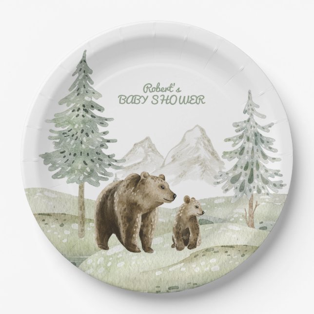 Little wild baby bear forest baby shower card paper plate (Front)