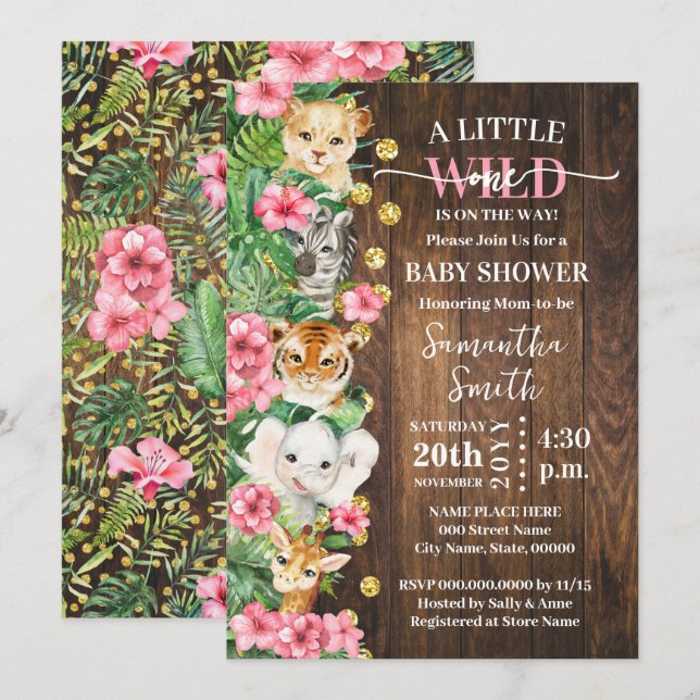 Little Wild One Rustic Safari Pink Baby Shower Invitation (Front/Back)