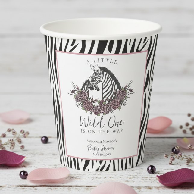 Little Wild One Zebra Safari Baby Shower Party Paper Cups (A Little Wild One Baby Shower Paper Cups for Mother to Be. Cute Wild Animals Zebra, Mauve Pink Roses)