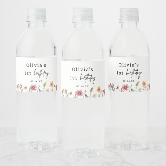 Little Wildflower 1st Girl Birthday Favours Water Bottle Label (Bottles)
