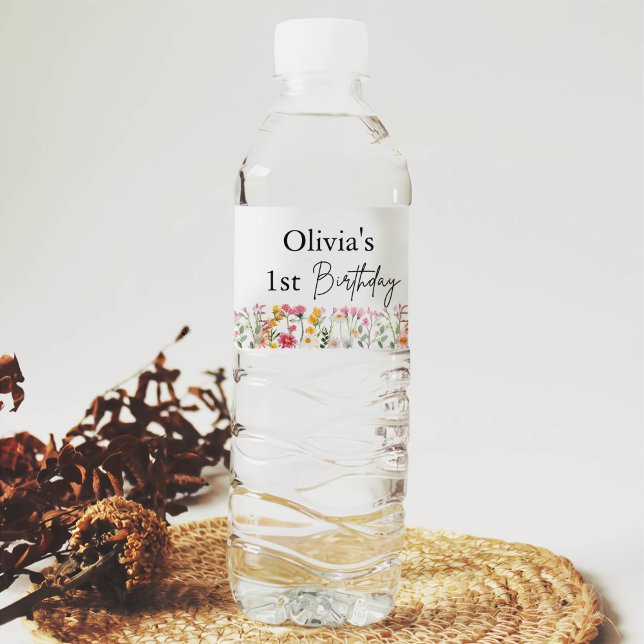 Little Wildflower 1st Girl Birthday Water Bottle Label (Creator Uploaded)