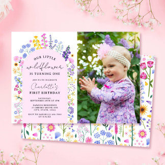 Little Wildflower Baby Girl 1st Birthday Photo Invitation