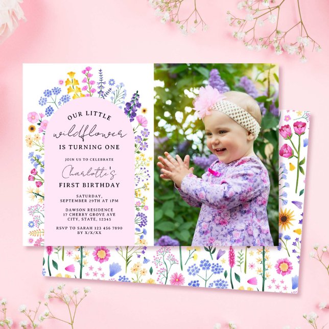 Little Wildflower Baby Girl 1st Birthday Photo Invitation (Little Wildflower Baby Girl 1st Birthday Photo Invitation)