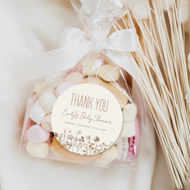 Little Wildflower Boho Baby Shower Thank You Classic Round Sticker (Creator Uploaded)