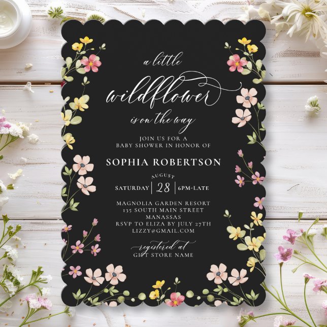 Little Wildflower Boho Chic Black Baby Shower  Invitation (Creator Uploaded)