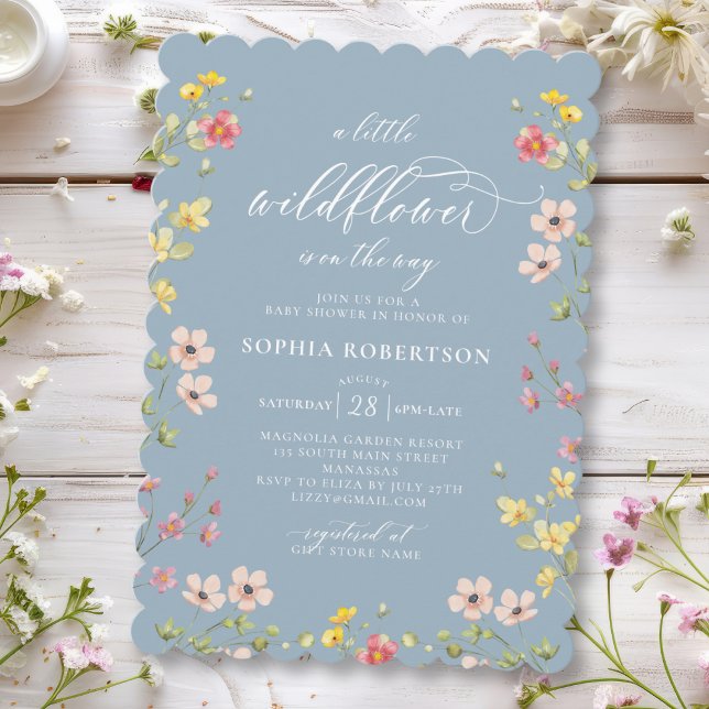 Little Wildflower Boho Chic Blue Baby Shower  Invitation (Creator Uploaded)
