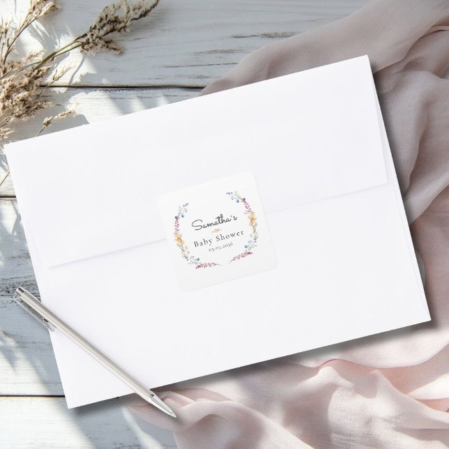 Little Wildflower Boho Dream - Baby Shower Square Sticker (Little Wildflower Boho Dream - Baby Shower Classic Round Sticker with your Name & Date.)