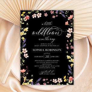 Little Wildflower Boho Script Black Baby Shower  Invitation