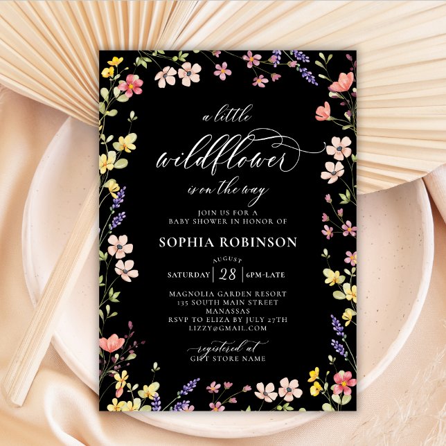 Little Wildflower Boho Script Black Baby Shower  Invitation (Creator Uploaded)