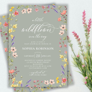 Little Wildflower Boho Script Blue Baby Shower Invitation