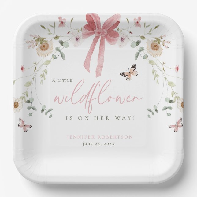Little Wildflower Butterfly Girl Baby Shower Paper Plate (Front)