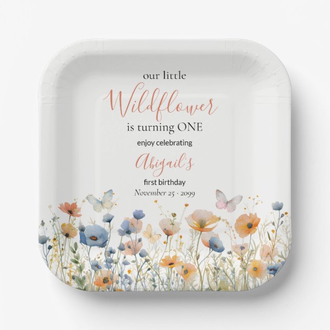 Little Wildflower Butterfly Meadow 1st Birthday Paper Plate (Front)