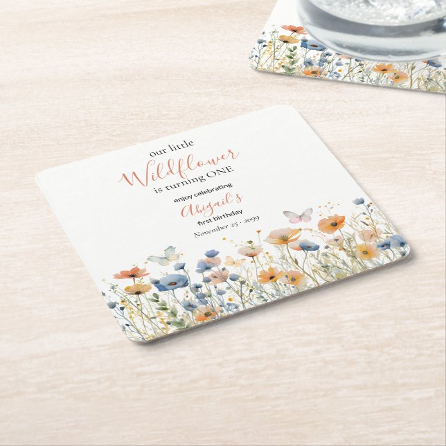Little Wildflower Butterfly Meadow 1st Birthday Square Paper Coaster (Angled)