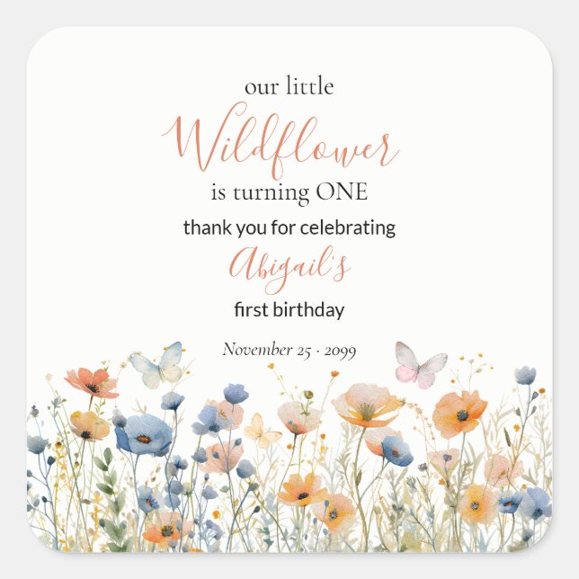 Little Wildflower Butterfly Meadow 1st Birthday Square Sticker (Front)