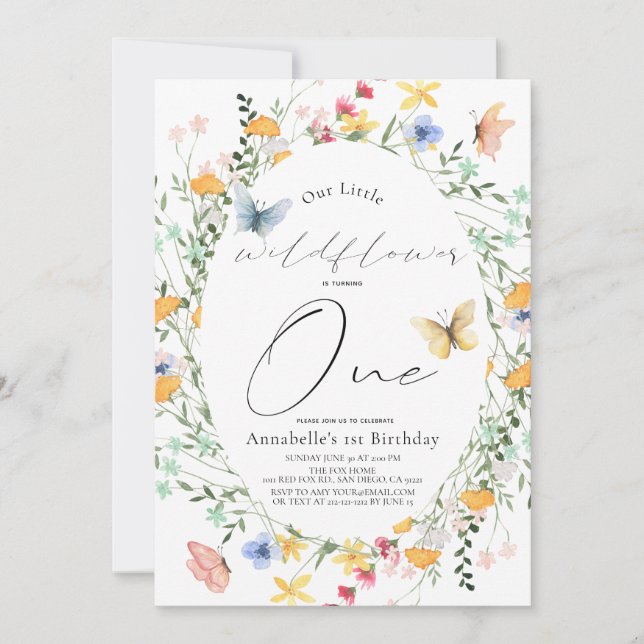 Little Wildflower Butterfly Oval Girl 1st Birthday Invitation (Front)
