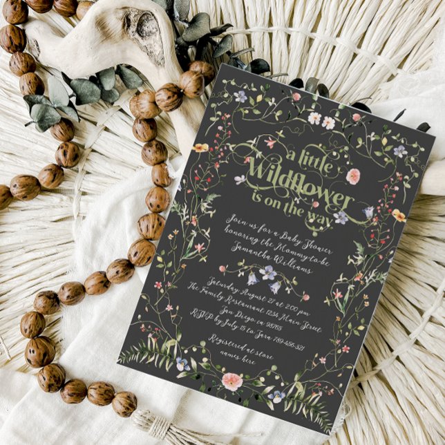 Little Wildflower Dark Modern Floral Baby Shower Invitation (Creator Uploaded)