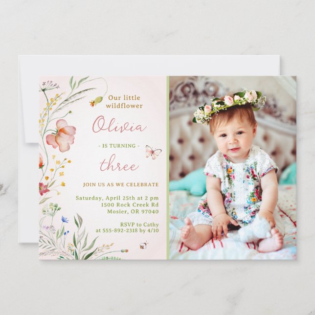 Little Wildflower Floral Baby Girl Birthday Photo Invitation (Front)