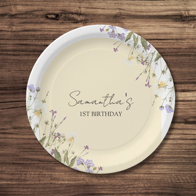 Little Wildflower Floral Botanical 1st Birthday Paper Plate (Little wildflower birthday paper plates)