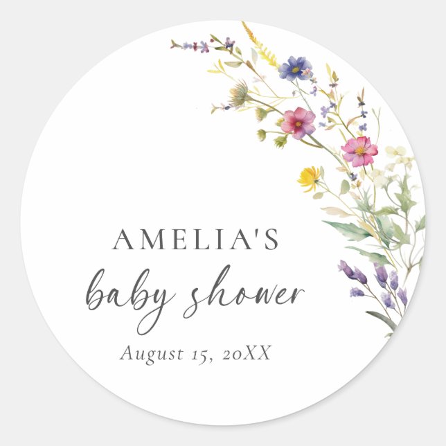 Little Wildflower Floral Girl Baby Shower Classic Round Sticker (Front)