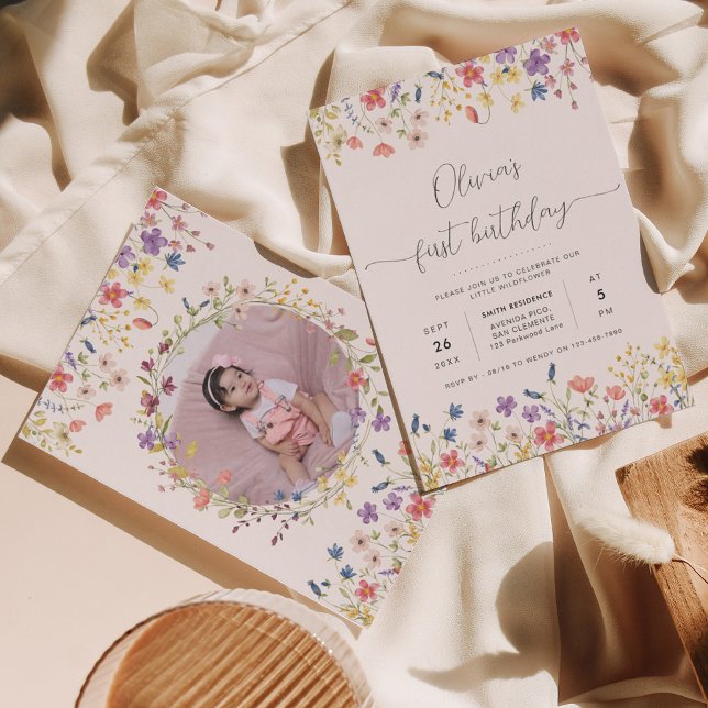 Little Wildflower Floral Wreath Photo 1st Birthday Invitation (Creator Uploaded)