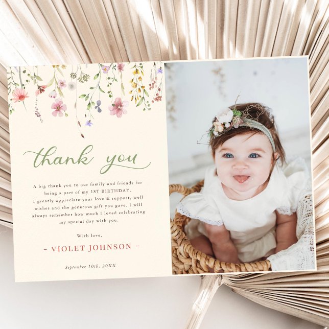 Little Wildflower Flower 1st Birthday Photo Thank You Card (Creator Uploaded)