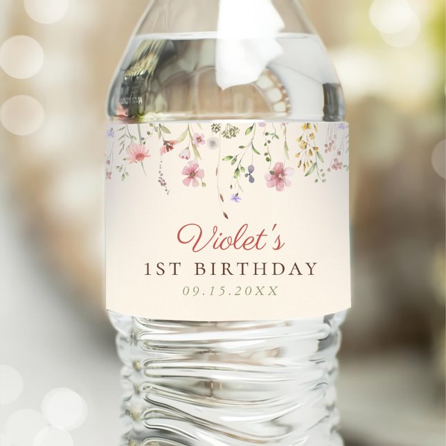 Little Wildflower Flower 1st Birthday Water Bottle Label (Creator Uploaded)